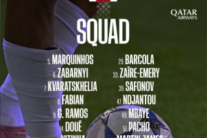 巴黎对阵毕巴大名单：杜埃、努诺·门德斯回归，登贝莱缺席